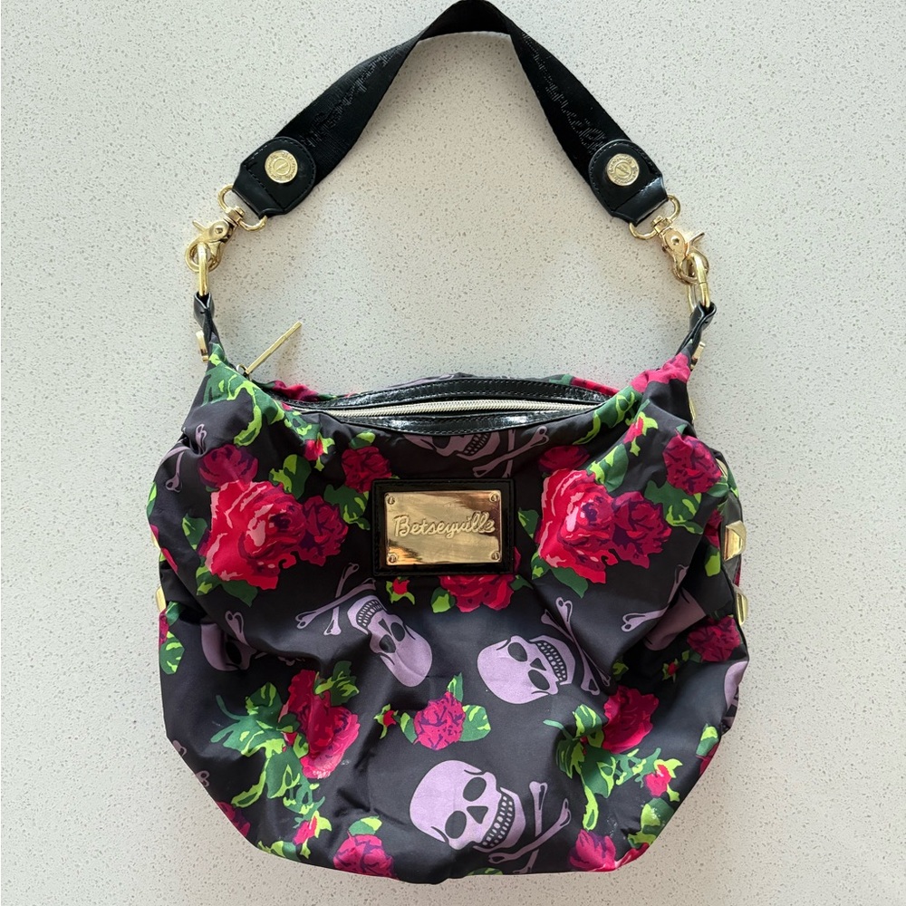 Y2K Betsey Johnson Black Bag with Pink Floral and Skull Design
